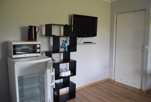 a living room with a tv and a microwave at Apartament Adabet in Kępno