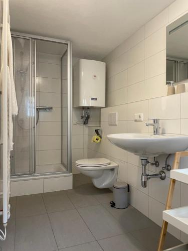 羅伊特的住宿－Ferienwohnung Kaffeeduft，浴室配有卫生间、盥洗盆和淋浴。