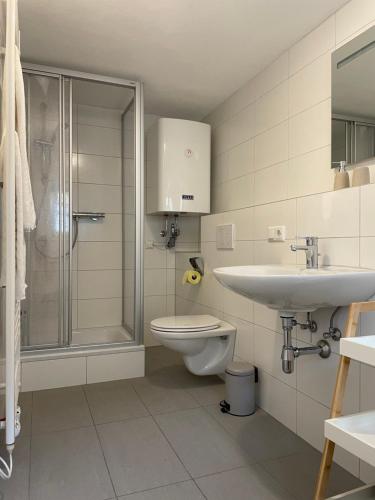 a bathroom with a toilet and a sink and a shower at Ferienwohnung Kaffeeduft in Reutte