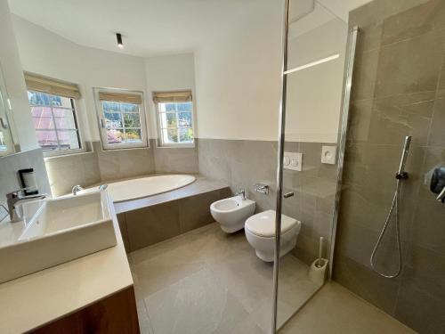 a bathroom with a toilet and a sink and a shower at Hotel Stella Alpina in Andalo