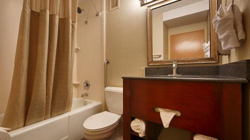 a bathroom with a toilet and a sink and a mirror at Holiday Inn Express Towson- Baltimore North, an IHG Hotel in Towson