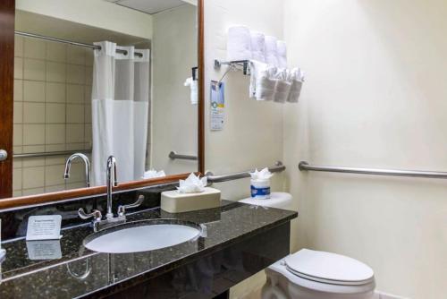 W łazience znajduje się umywalka, toaleta i lustro. w obiekcie Comfort Suites Tampa - Brandon w mieście Tampa