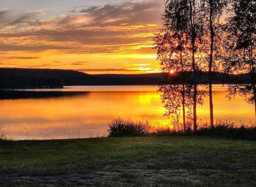 a sunset over a body of water with a tree at Villa Haaveranta - Cosy cabin by the lake in Rovaniemi
