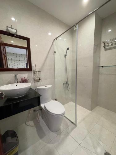 La salle de bains est pourvue de toilettes, d'un lavabo et d'une douche. dans l'établissement SaiGon Europe Hotel, à Hô-Chi-Minh-Ville