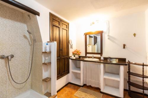 een badkamer met een douche, een wastafel en een spiegel bij Cortijo mirasol in Santa Cruz de Comercio