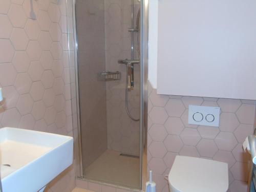 uma casa de banho com um chuveiro, um WC e um lavatório. em Appartement Châtel, 2 pièces, 4 personnes - FR-1-198-218 em Châtel