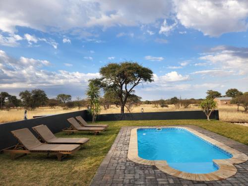 Hoachanas的住宿－Jansen Kalahari Guest Farm，一个带两把躺椅的游泳池,位于田野旁