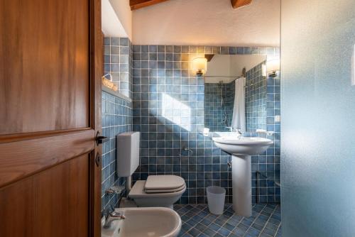 een blauw betegelde badkamer met een toilet en een wastafel bij Casale Falco Grande in Chiusi della Verna