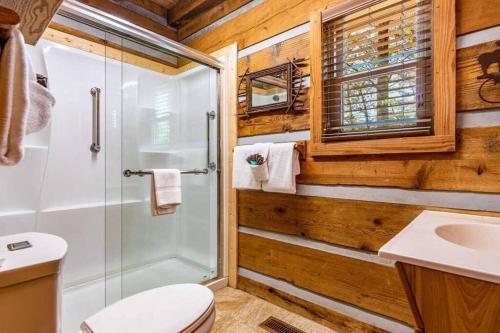 a bathroom with a shower and a toilet and a sink at R&R Retreat in Sunshine