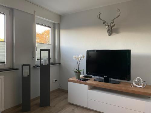 a living room with a flat screen tv on a cabinet at Lieblingsplatz-Winterberg in Winterberg