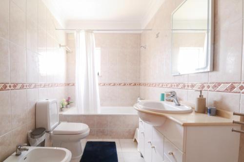 W łazience znajduje się toaleta, umywalka i lustro. w obiekcie Apartamento Sea Shell w Albufeirze
