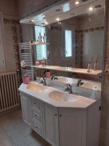 une salle de bain avec deux lavabos et un grand miroir dans l'établissement Grain de blé Location, à Toury