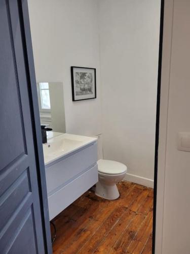 Baño blanco con aseo y lavamanos en Appartement de Charme avec tomettes et Parquet, en Graulhet