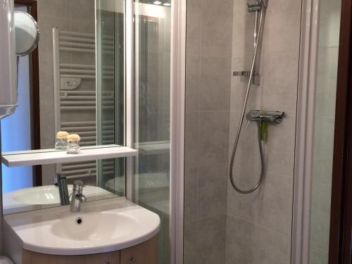 une salle de bain avec un lavabo et une douche dans l'établissement Charmant studio 2ème étage, balcon sud, à deux pas télésiège et commerces, calmes et ensoleillé - FR-1-416-180, à La Toussuire