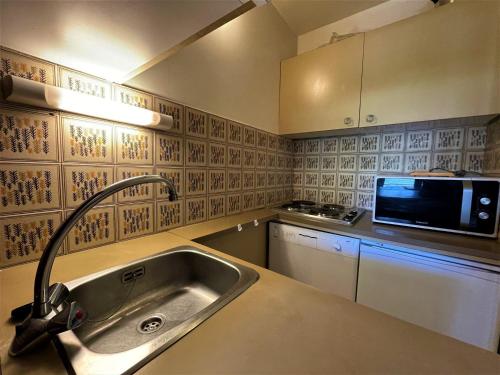 une cuisine avec un évier et un micro-ondes dans l'établissement Studio confortable pour 4 personnes avec balcon et animaux admis - FR-1-452-187, aux Menuires