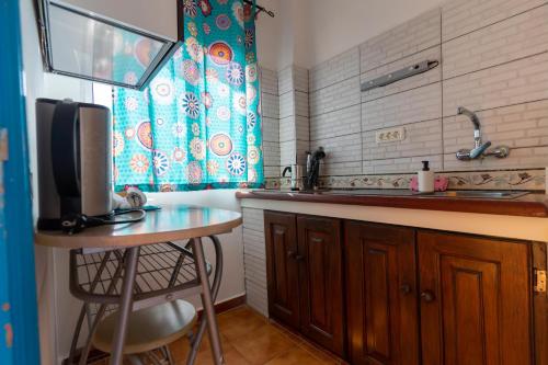 eine Küche mit einem Waschbecken und einer Theke mit einem TV in der Unterkunft Pension Candelaria in Valle Gran Rey