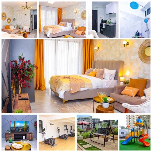 a collage of different pictures of a bedroom at Welcome to Taria. A cosy new studio apartment in Nairobi