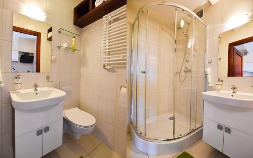 y baño con lavabo, ducha y aseo. en APARTAMENTY TR 11 Apartament nr 1, en Olsztyn