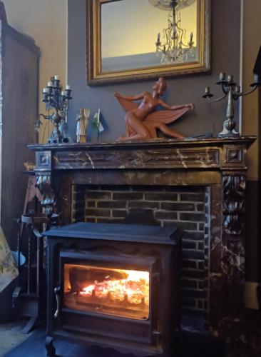 a statue of a woman sitting on top of a fireplace at Villa des Chats in Calais