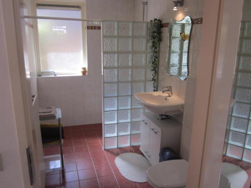 La salle de bains est pourvue d'un lavabo et de toilettes. dans l'établissement Huize Ruurlo, à Ruurlo