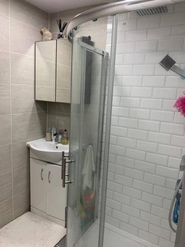 a bathroom with a shower and a sink at Bright and Cosy 2 bedroom flat, close to station in Sydenham