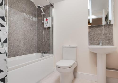 uma casa de banho com um WC, um lavatório e um chuveiro em The Cart Lodge em Chedgrave