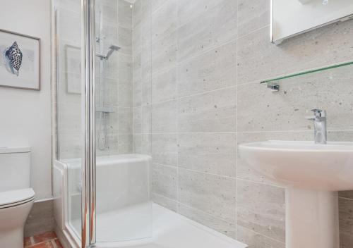 a bathroom with a sink and a toilet and a shower at Mill Farm Barn in Walcott