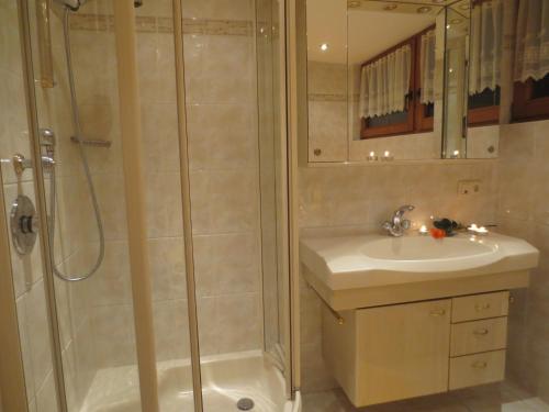 y baño con ducha y lavamanos. en Apartments Penz en Zellberg