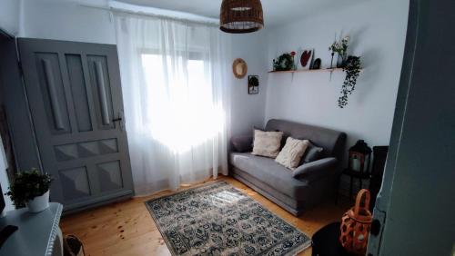 sala de estar con sofá y puerta en La Casuta en Fieni