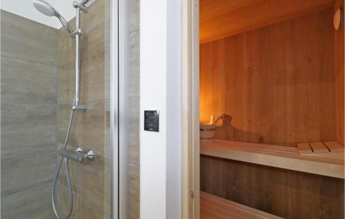 a shower with a glass door in a bathroom at Stunning Home In Lembruch-dmmer See With Sauna in Lembruch