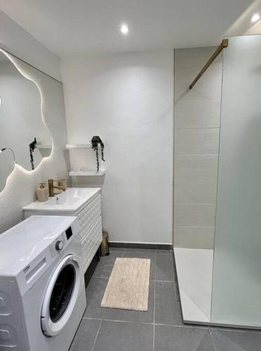 a white laundry room with a washing machine and a shower at Coconut Room - Entre mer et forêt avec piscine in Rémire-Camp