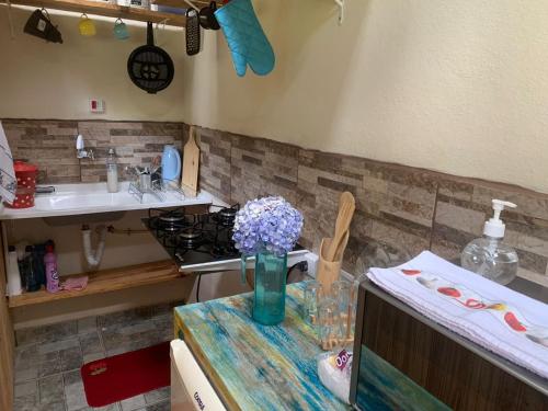 a kitchen with a vase of purple flowers on a counter at Residencial das Araucárias in Gonçalves