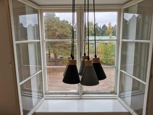 a window with a bunch of lights hanging from it at Relaxing Beatiful Studio - Sauna Bath Facility in Kotka