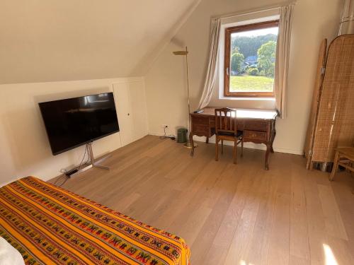 a bedroom with a television and a desk and a window at Ecologis Hamoir in Hamoir