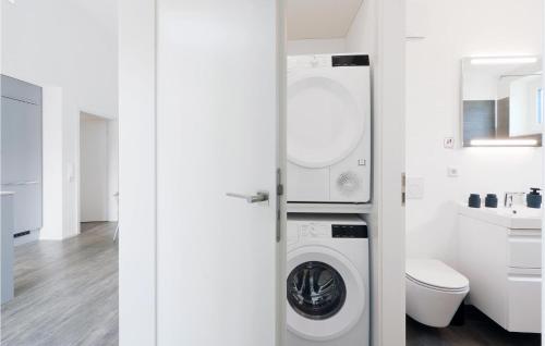 una lavanderia bianca con lavatrice e asciugatrice di Nice Home In Lembruch-dmmer See With Sauna a Lembruch