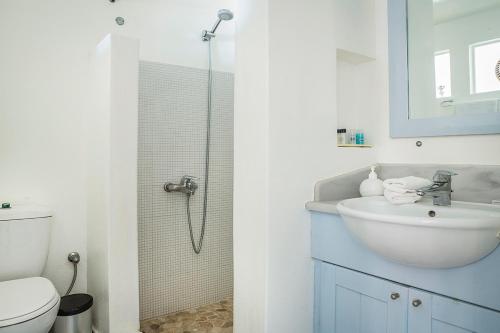 a bathroom with a toilet and a sink and a shower at Roi Boutique Suites in Asos