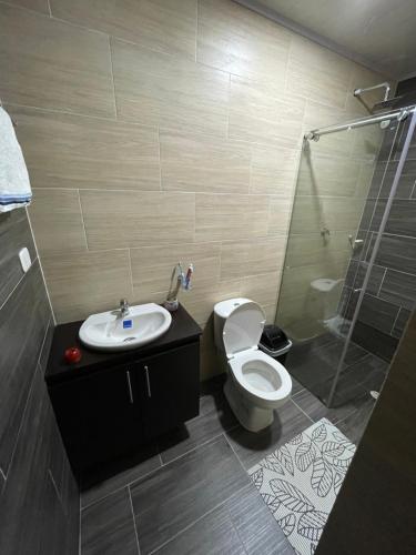 a bathroom with a toilet and a sink and a shower at Hermoso apartamento en Barbosa Santander in Barbosa