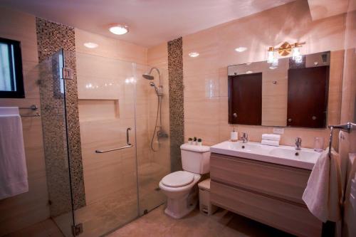 a bathroom with a toilet and a shower and a sink at Amplio apartamento en zona exclusiva con parqueo in Los Prados