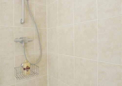 a bathroom with a shower with a bottle in a holder at Garden View in Parham