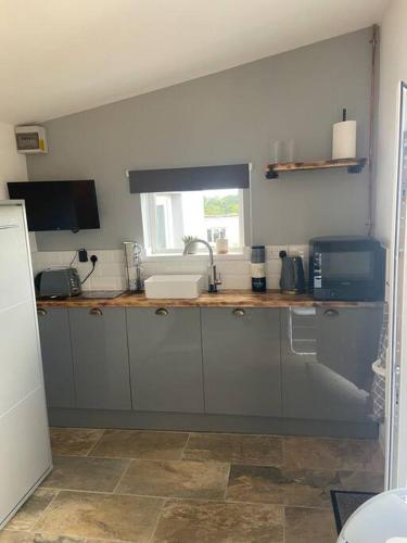 a kitchen with a counter top with a microwave at Adorable bedsit for you, partner and your pet! in Pembrokeshire