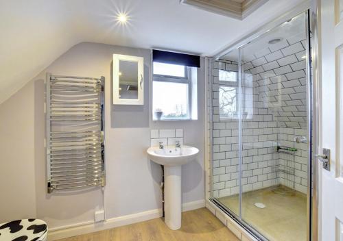 a bathroom with a sink and a shower at Barn Owl Retreat Sibton in Sibton