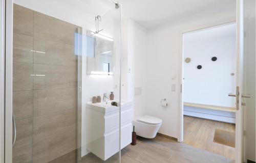 a white bathroom with a toilet and a shower at Awesome Home In Lembruchdümmer See in Lembruch