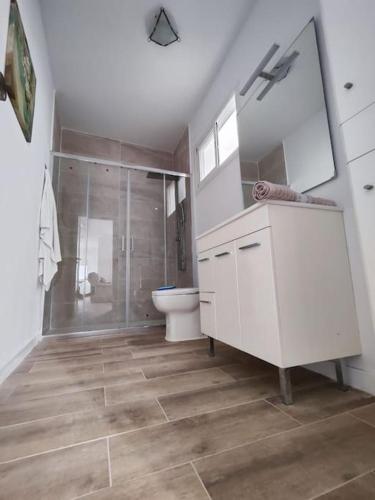 a white bathroom with a shower and a toilet at Apartamento Villa Alpispa in Agüimes