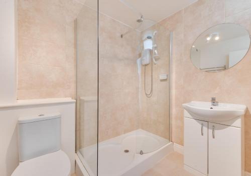 a bathroom with a shower and a toilet and a sink at The Hideaway in Southwold