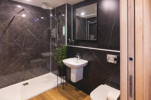 a bathroom with a shower and a sink and a toilet at The Hive - Unique Cabin in Millport in Millport