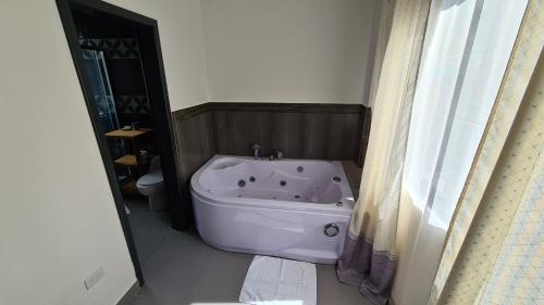 a bathroom with a bath tub and a toilet at Elegante apartamento con vistas al volcán Tungurahua in Baños