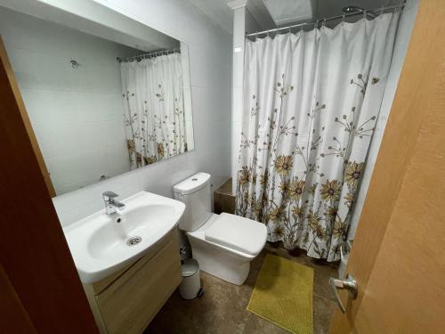 a bathroom with a sink and a toilet and a shower curtain at TinyApartments - estudio pleno centro Concepción in Concepción