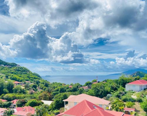 Blick auf eine Stadt mit Bäumen und das Meer in der Unterkunft Ti karet - Charmant logement avec Jacuzzi et vue mer in Terre-de-Haut