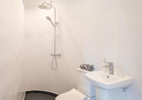 a white bathroom with a shower and a sink at Caban Silo in Henfynyw Upper