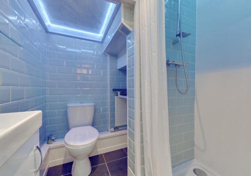 y baño azul con aseo y ducha. en Cheries Place, en Amroth